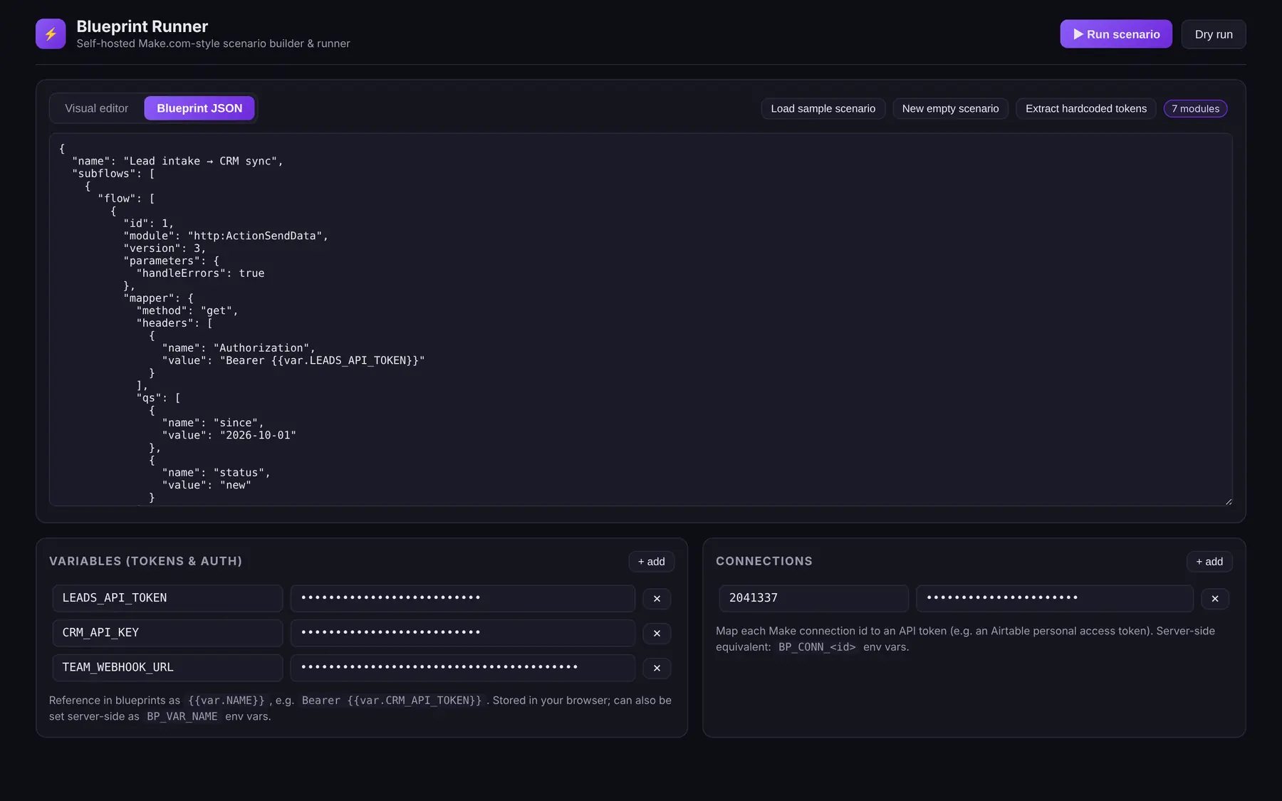 The paste screen: blueprint JSON with its token references, and the variables and connections it needs