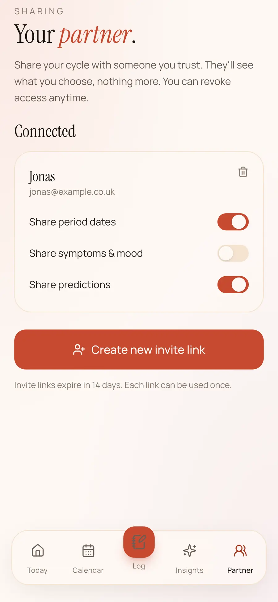 Partner sharing, with a separate consent toggle for period dates, symptoms and predictions