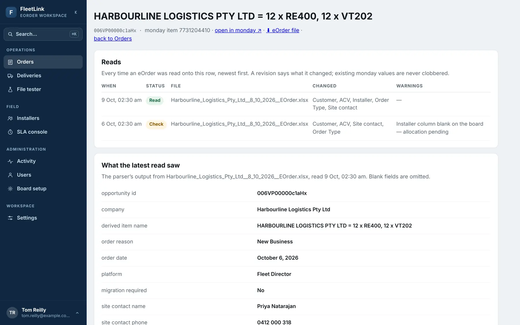 A parsed inbound order showing each read of the file and the field-by-field output written to the board