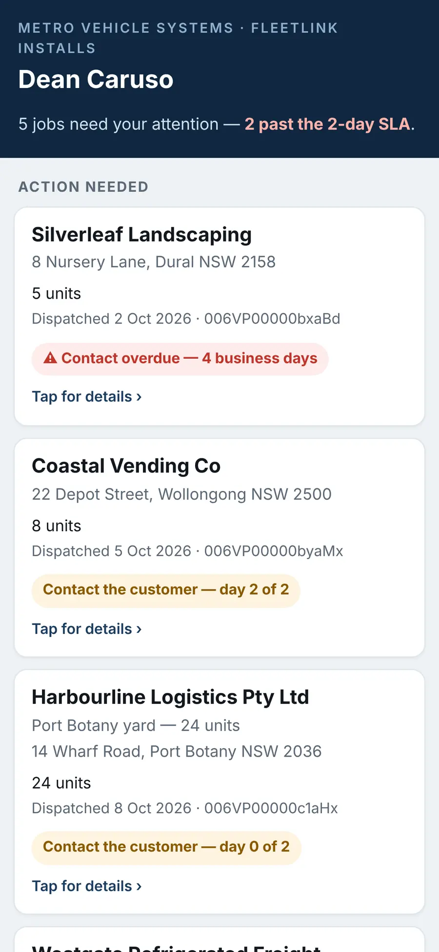 An installer's magic-link portal on a phone, listing jobs with their contact deadlines