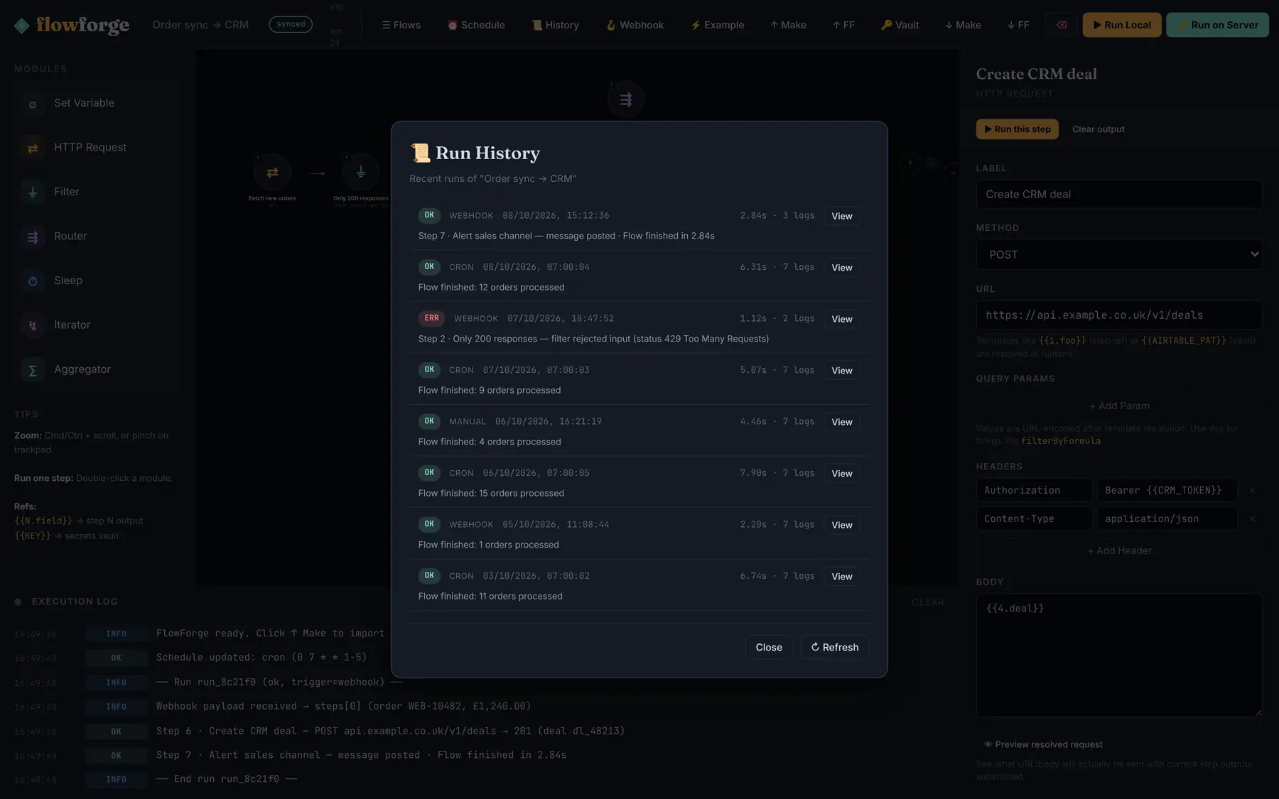 The run history: triggers, outcomes, durations and log counts for recent runs