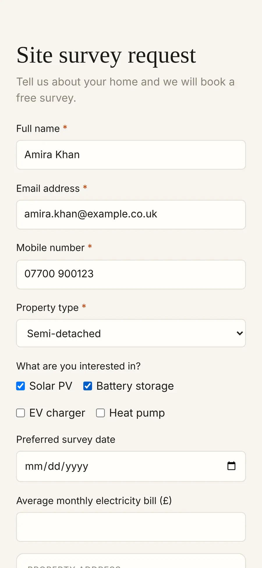 The public form on a phone, part-filled by a respondent