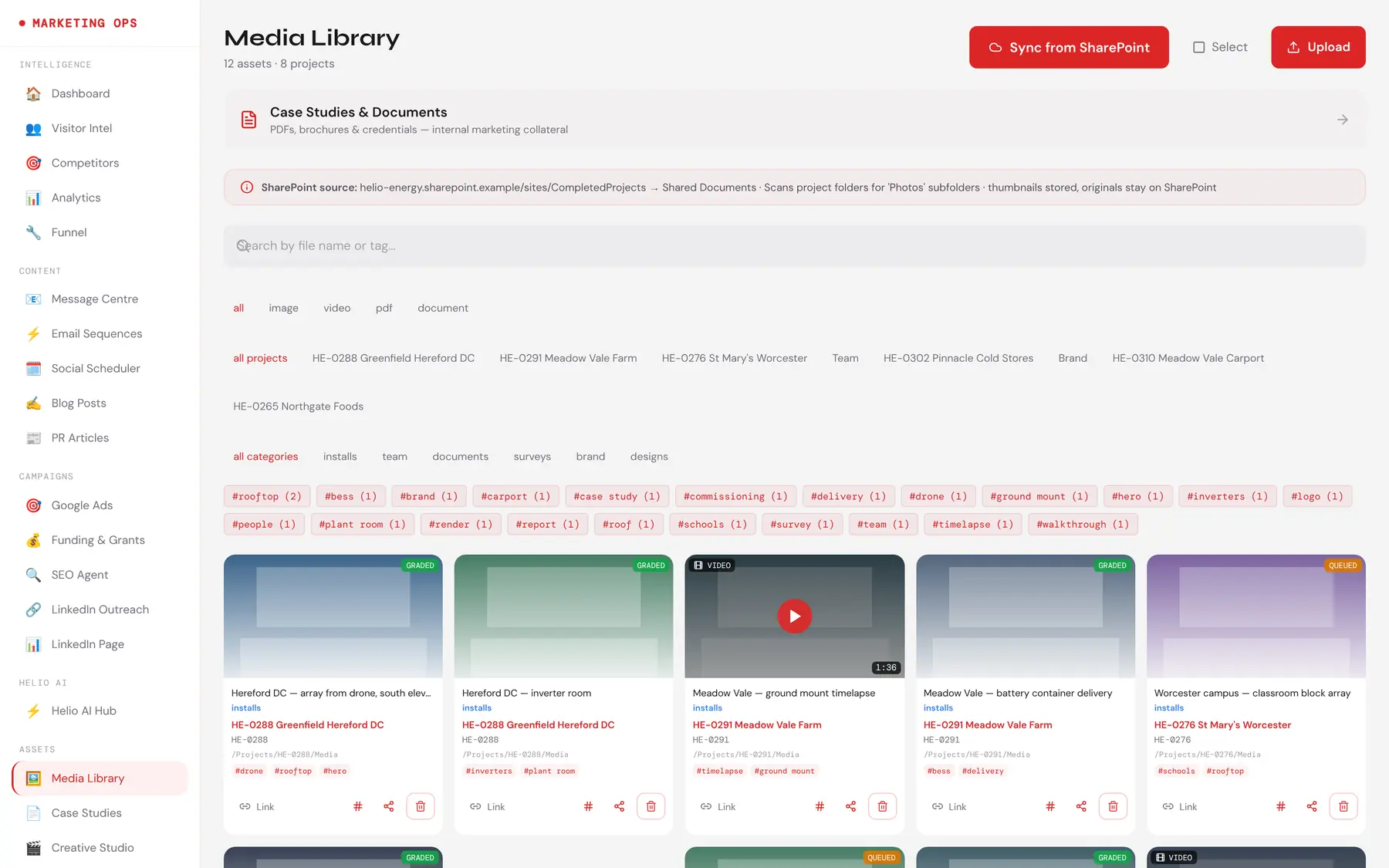 The media library, indexed by project code with tags and status badges
