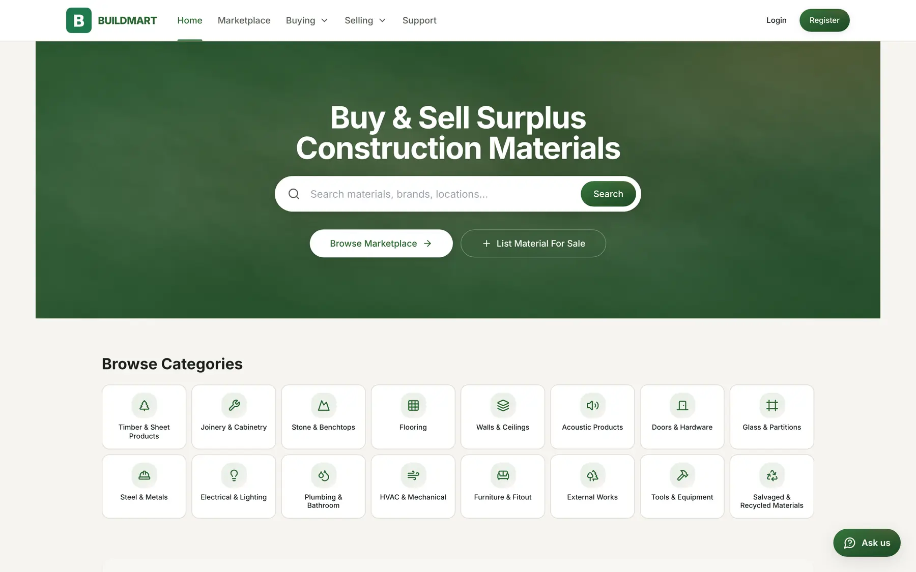 The public home page arguing for buyers, with search and material categories