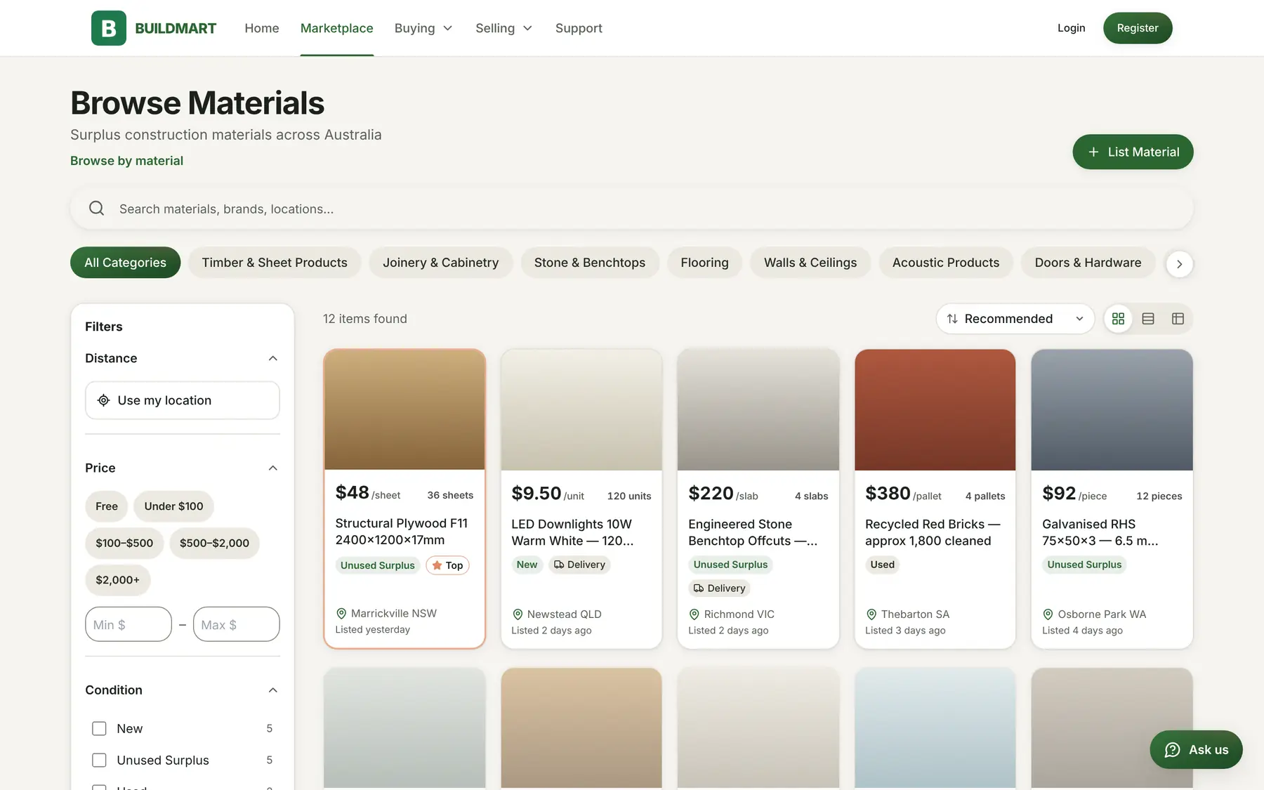 The marketplace browse grid: surplus construction materials with prices per unit, condition and location across Australian states
