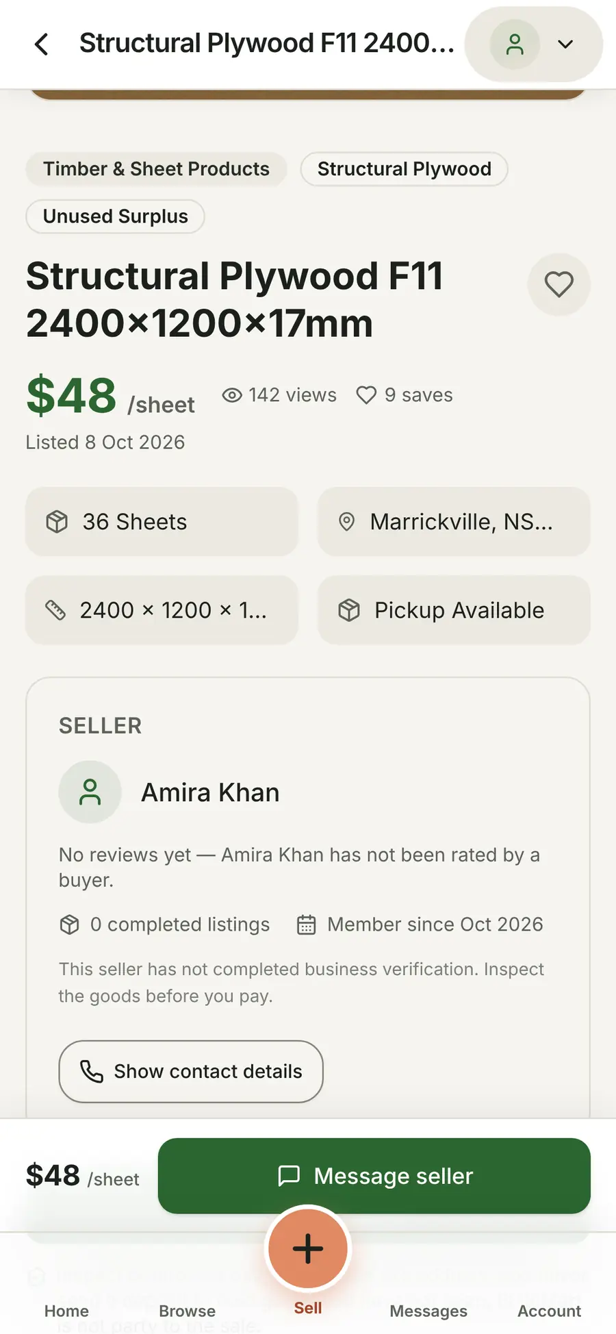 A single listing on a phone, with the seller card and the server-side 'show contact details' action