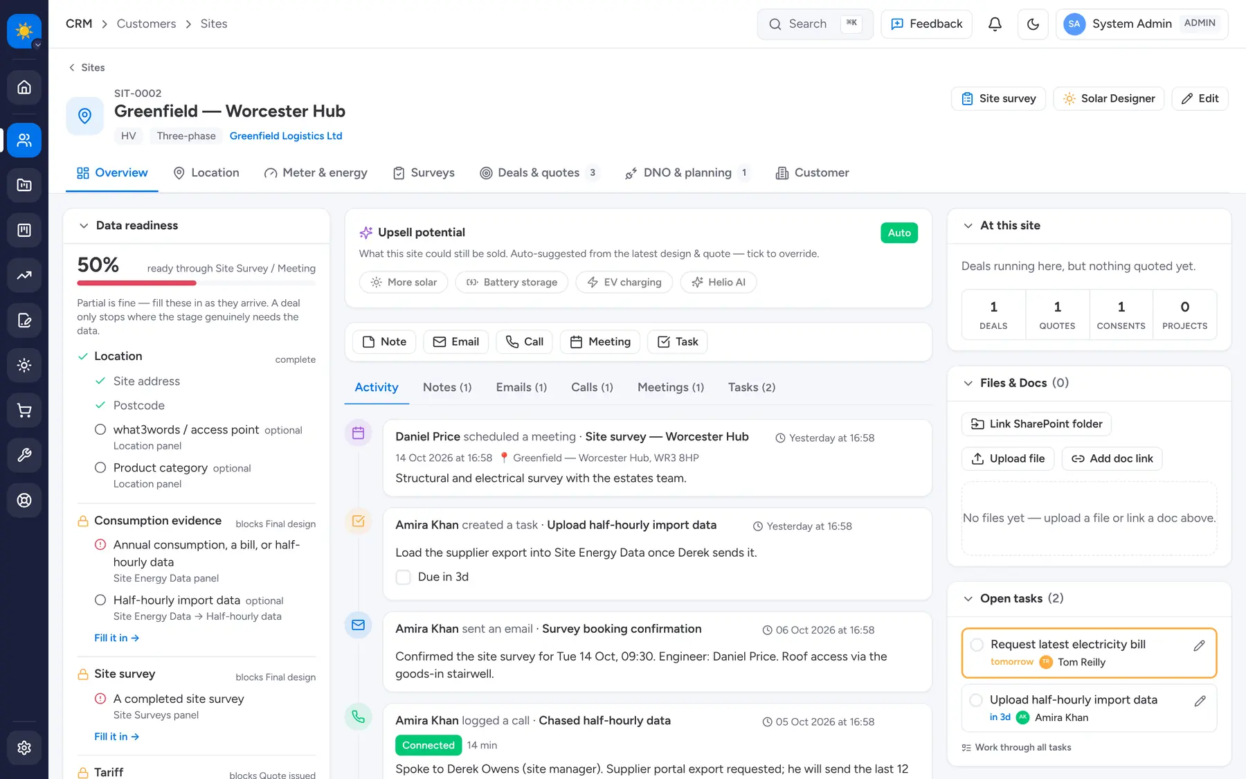 A site record with its data-readiness checklist, activity timeline and open tasks
