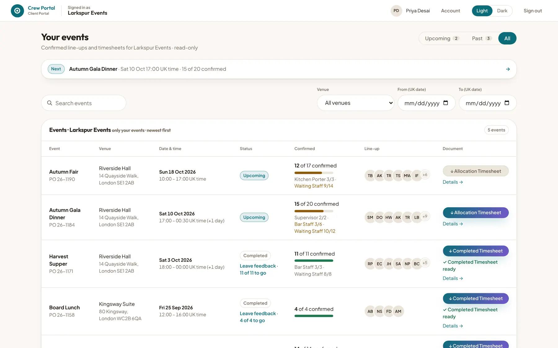 The client portal listing events with confirmed headcount per role and timesheet downloads