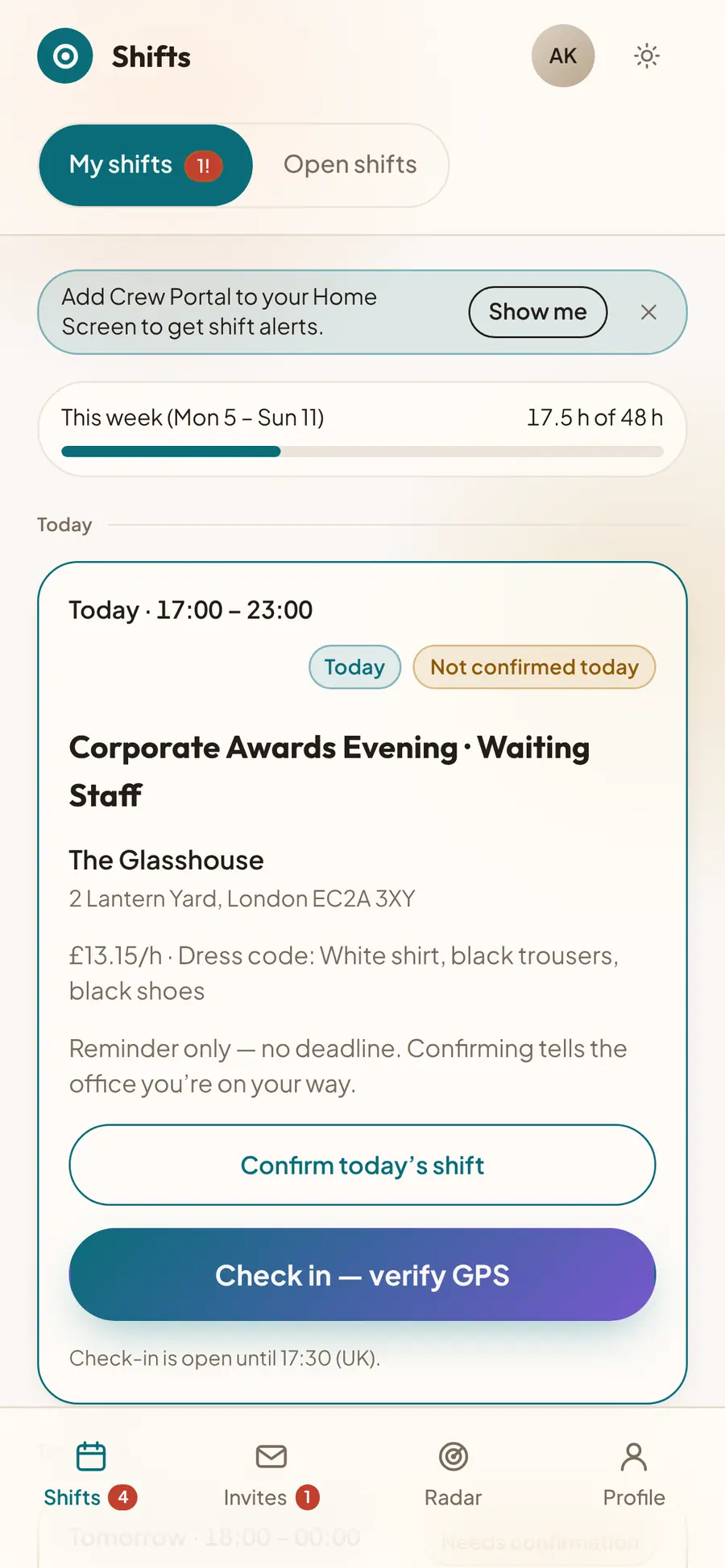 The worker app on a phone: this week's hours, today's shift and a GPS-verified check-in
