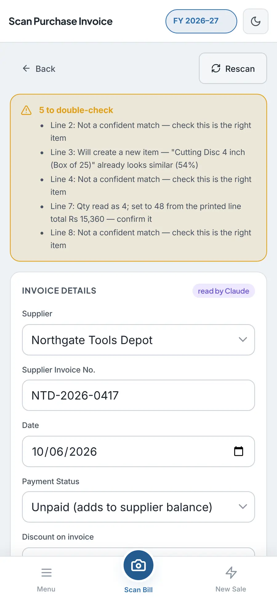 The same invoice capture on a phone, with five lines flagged to double-check