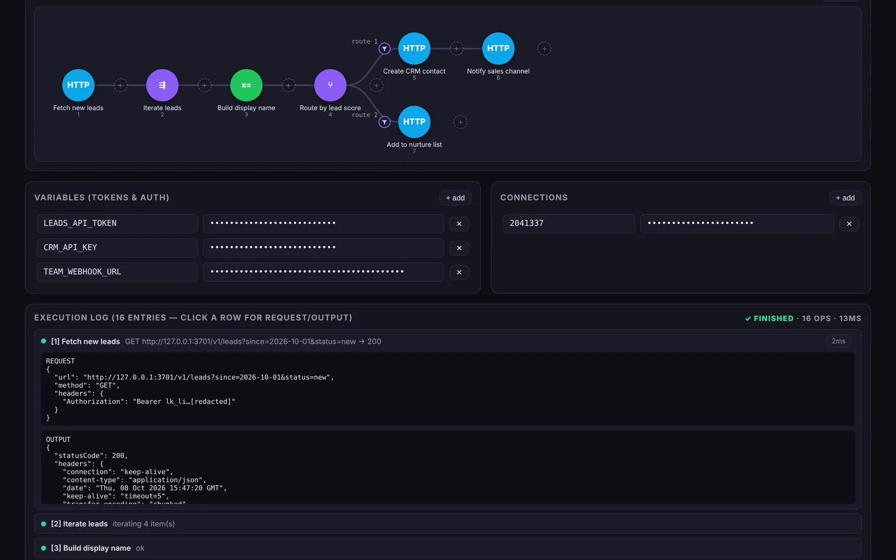 A Make blueprint loaded in Blueprint Runner, tokens held in variables, with the per-module execution log of a real run