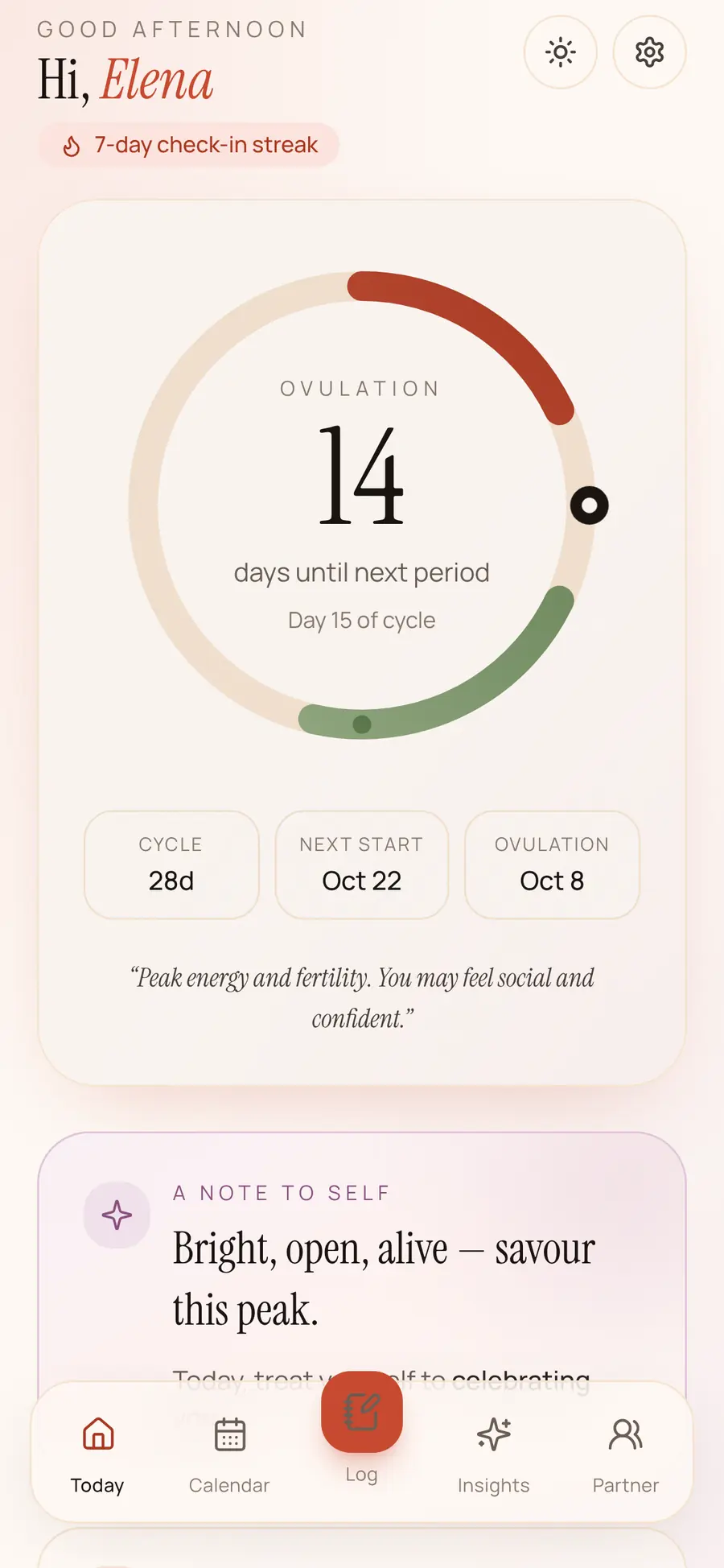 The today screen on a phone: cycle day, days until the next period, and a check-in streak