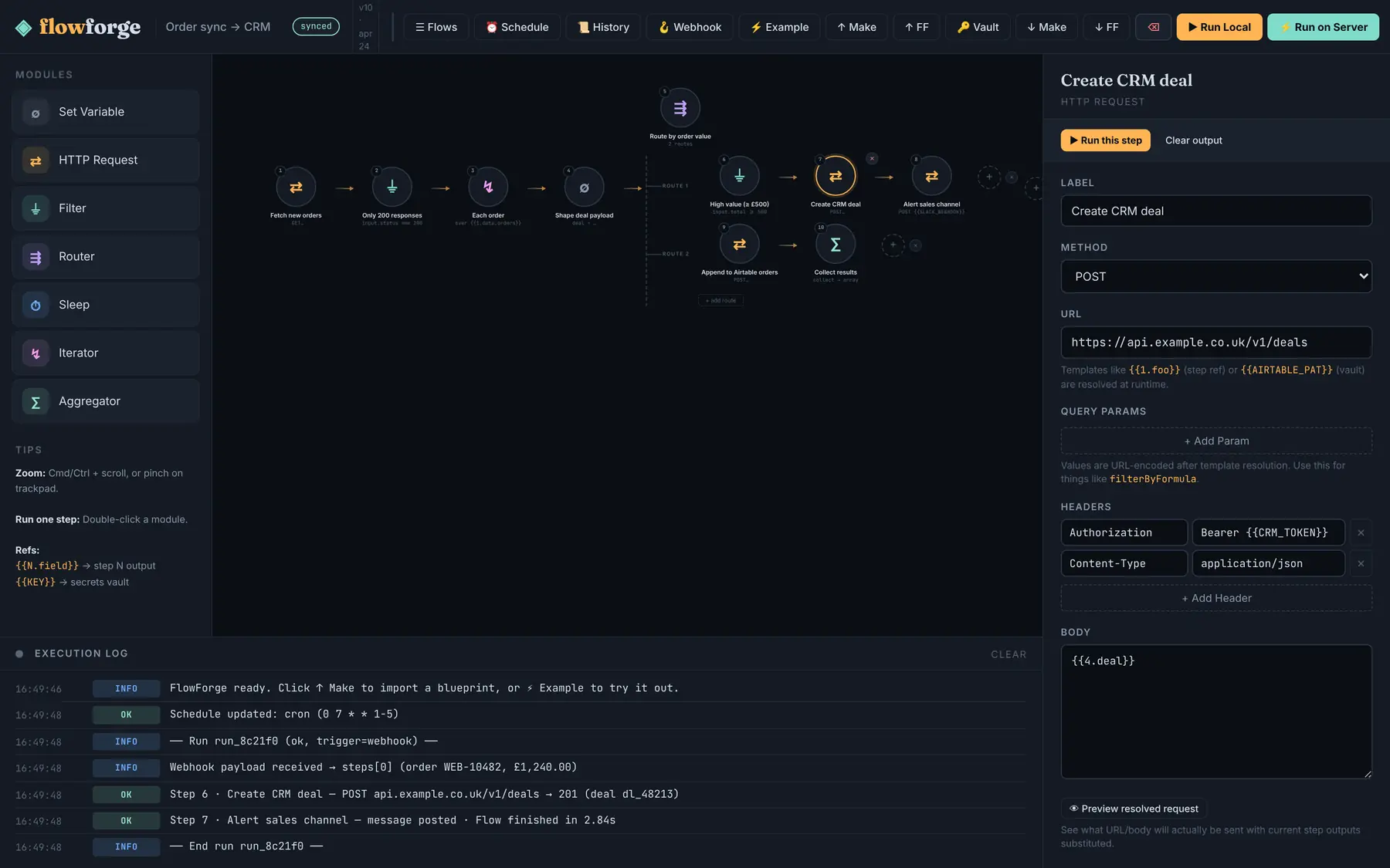 A ten-node flow open in the FlowForge builder, with a cron schedule, a webhook trigger and the inspector for an HTTP step