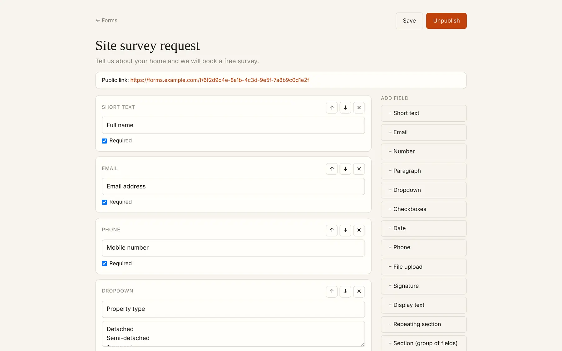 The FormCraft builder editing a published site-survey form, with the field palette beside it