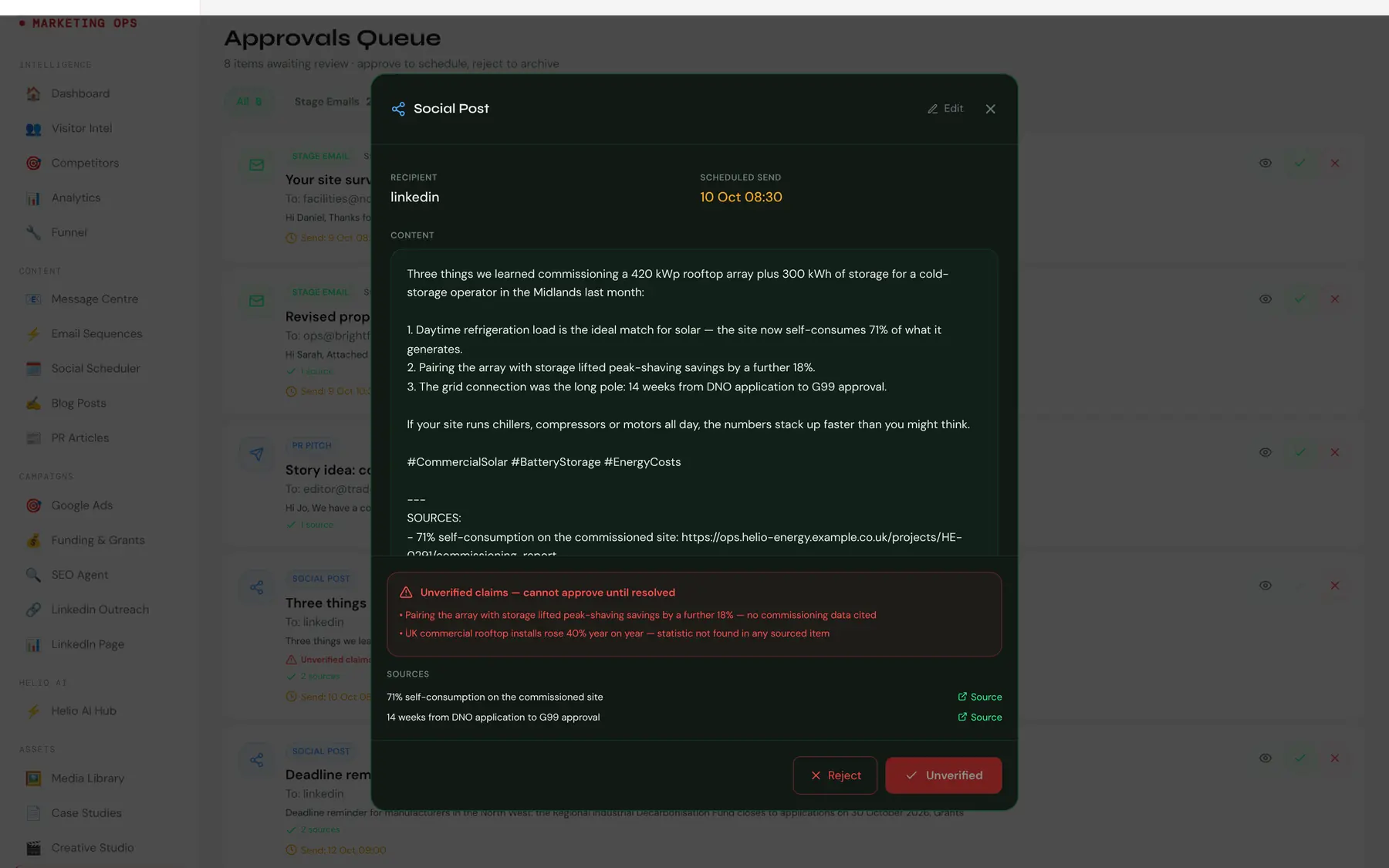 The approvals queue with a LinkedIn draft blocked for two unverified claims, its sources listed beneath