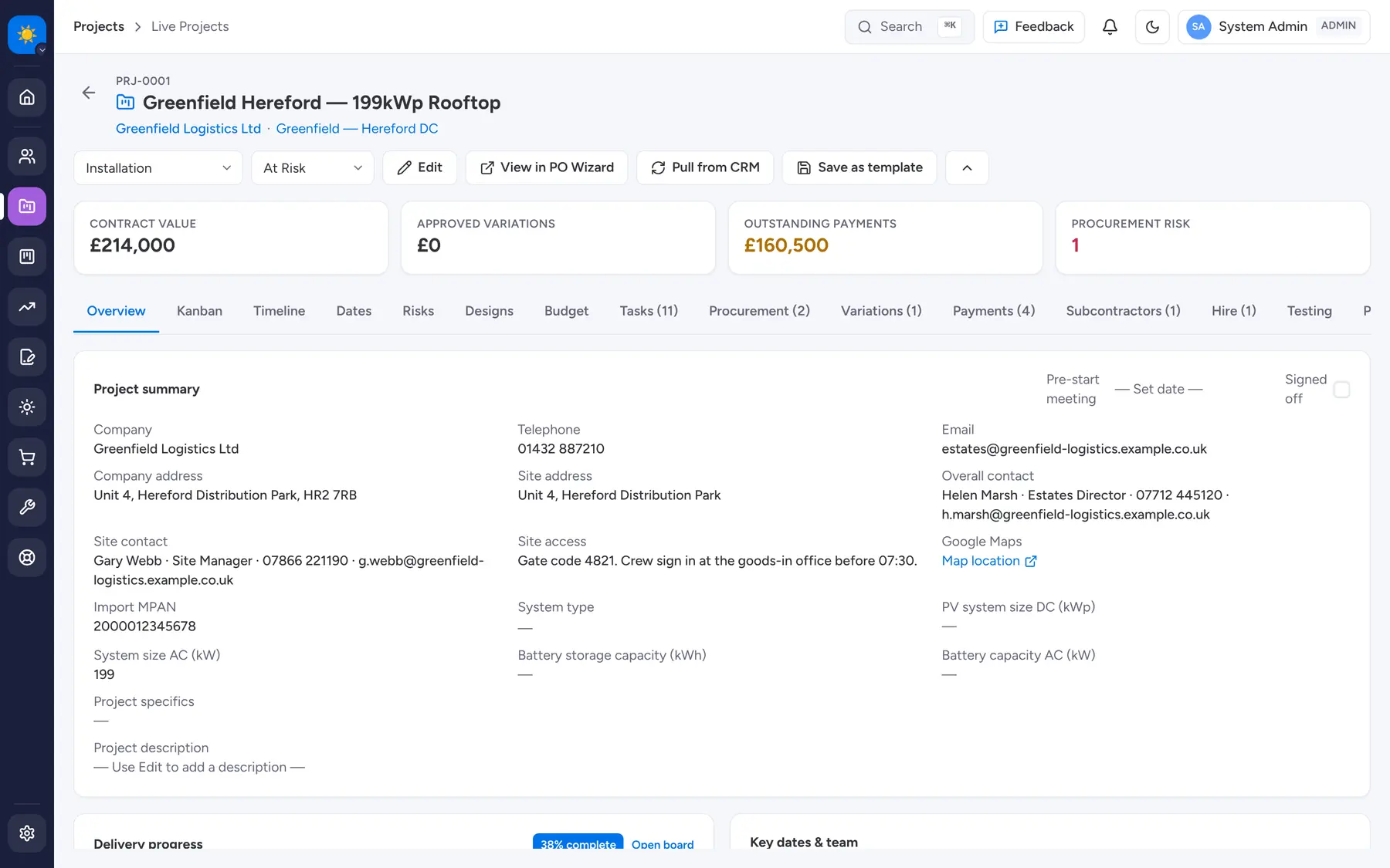 A project record with stage, contract value, variations, payments and procurement risk